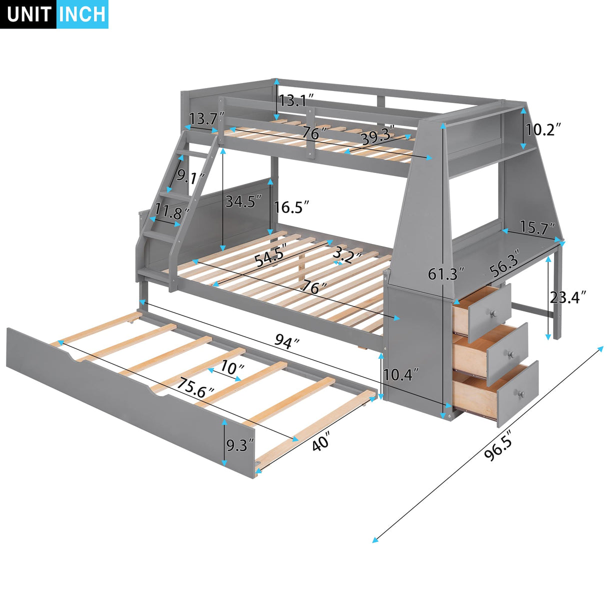 Harper & Bright Designs Twin Over Full Bunk Beds with Desk and Trundle, Wood Bunk Beds with Storage Drawers and one Shelves, No Box Spring Needed (Gray) Harper & Bright Designs