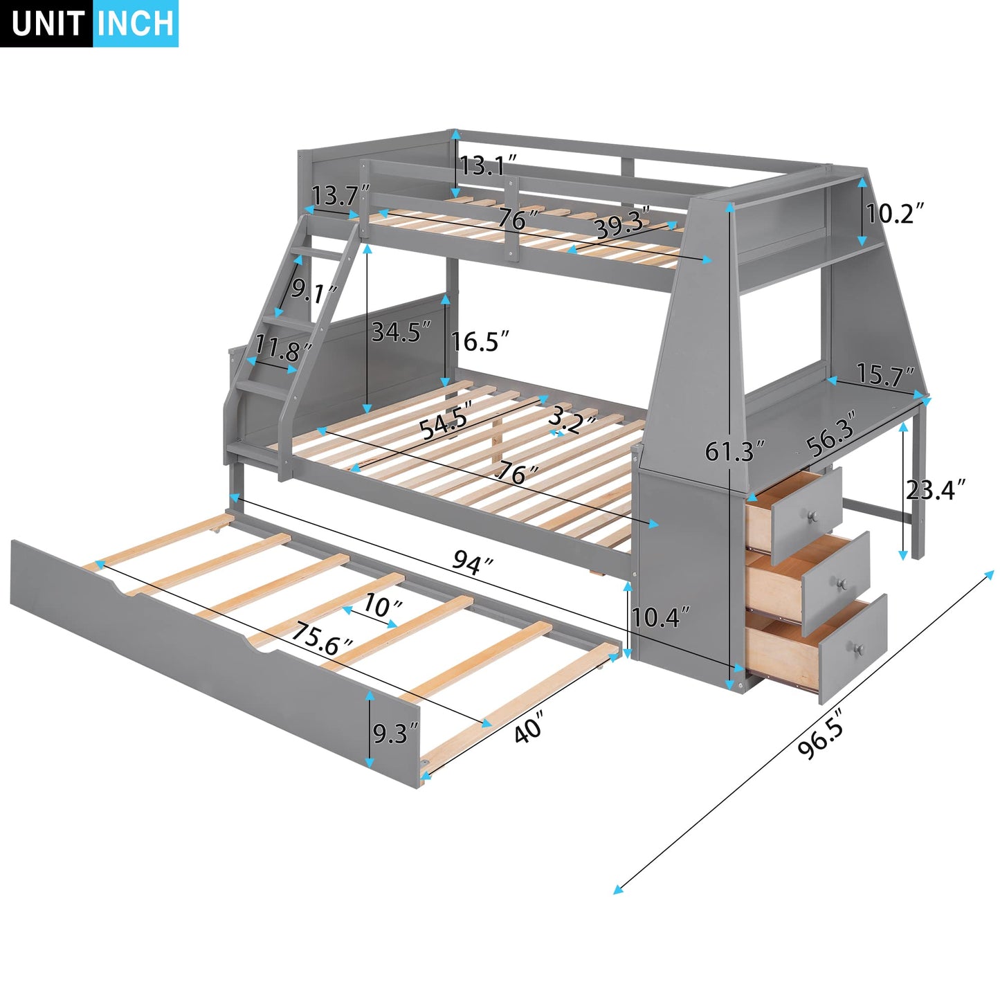 Twin Over Full Bunk Bed with Desk, Trundle, and Storage Drawers in Gray - WoodArtSupply