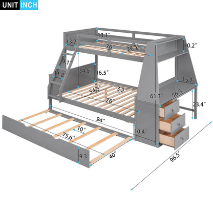 Twin Over Full Bunk Bed with Desk, Trundle, and Storage Drawers in Gray - WoodArtSupply