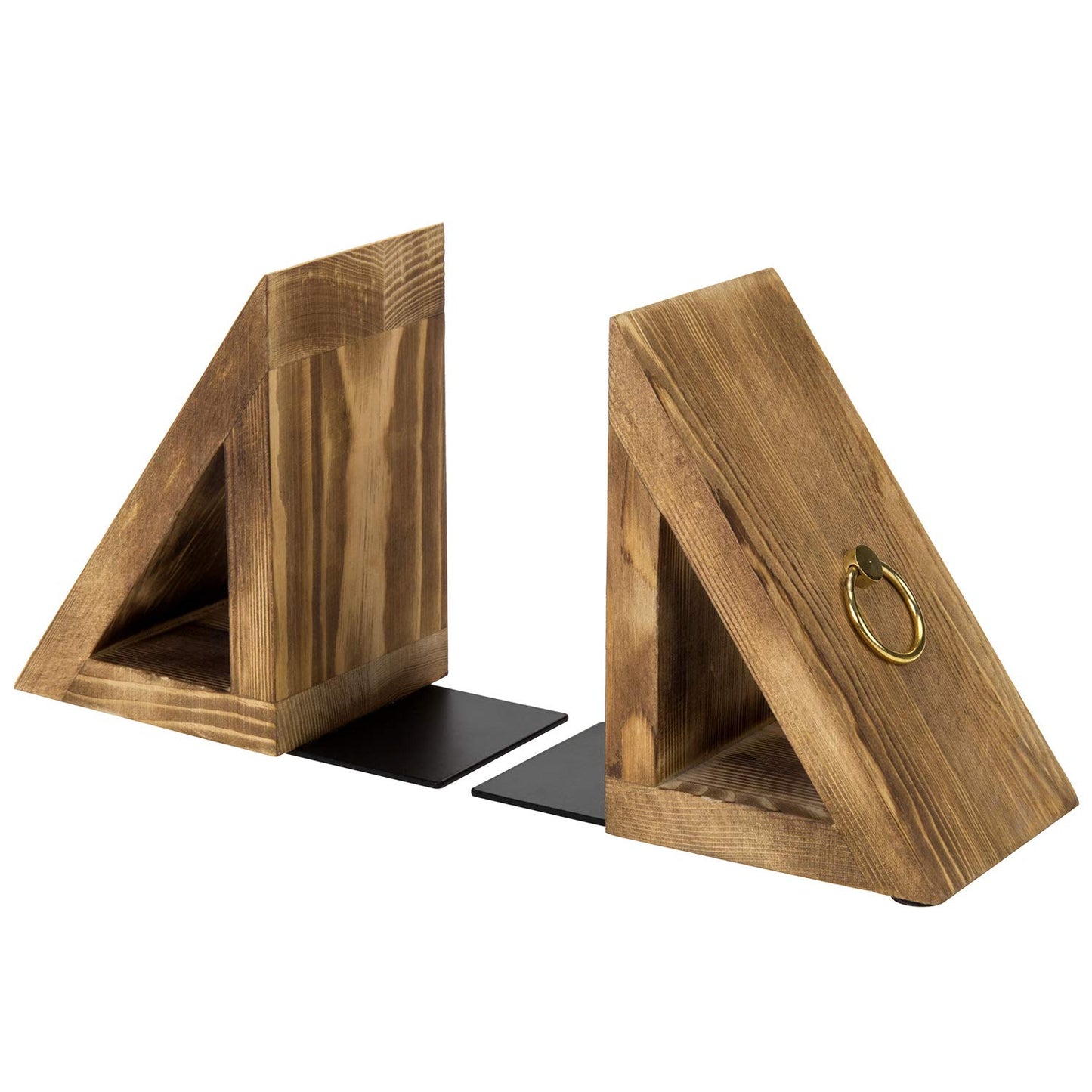 MyGift Rustic Burnt Wood Decorative Bookends with Triangular Design, Office Desk Wooden Bookend Book Stand with Brass Tone Ring Accent, 1 Pair