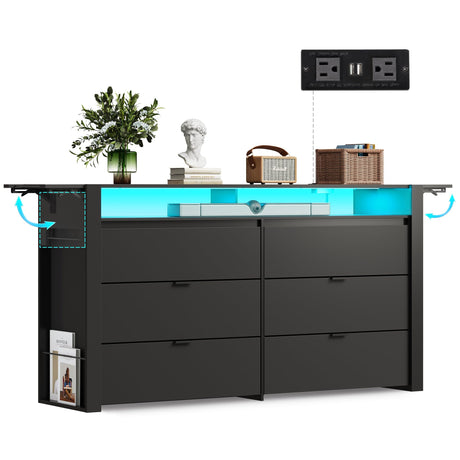 WLIVE 78 Inch Dresser for Bedroom, Large Chest of Drawers Expandable Black Wood Dresser from 5'3" to 6'5'' with Flexible Shelves and Hanging Rack, Led Dressers for Living Room (85'' TV) WLIVE