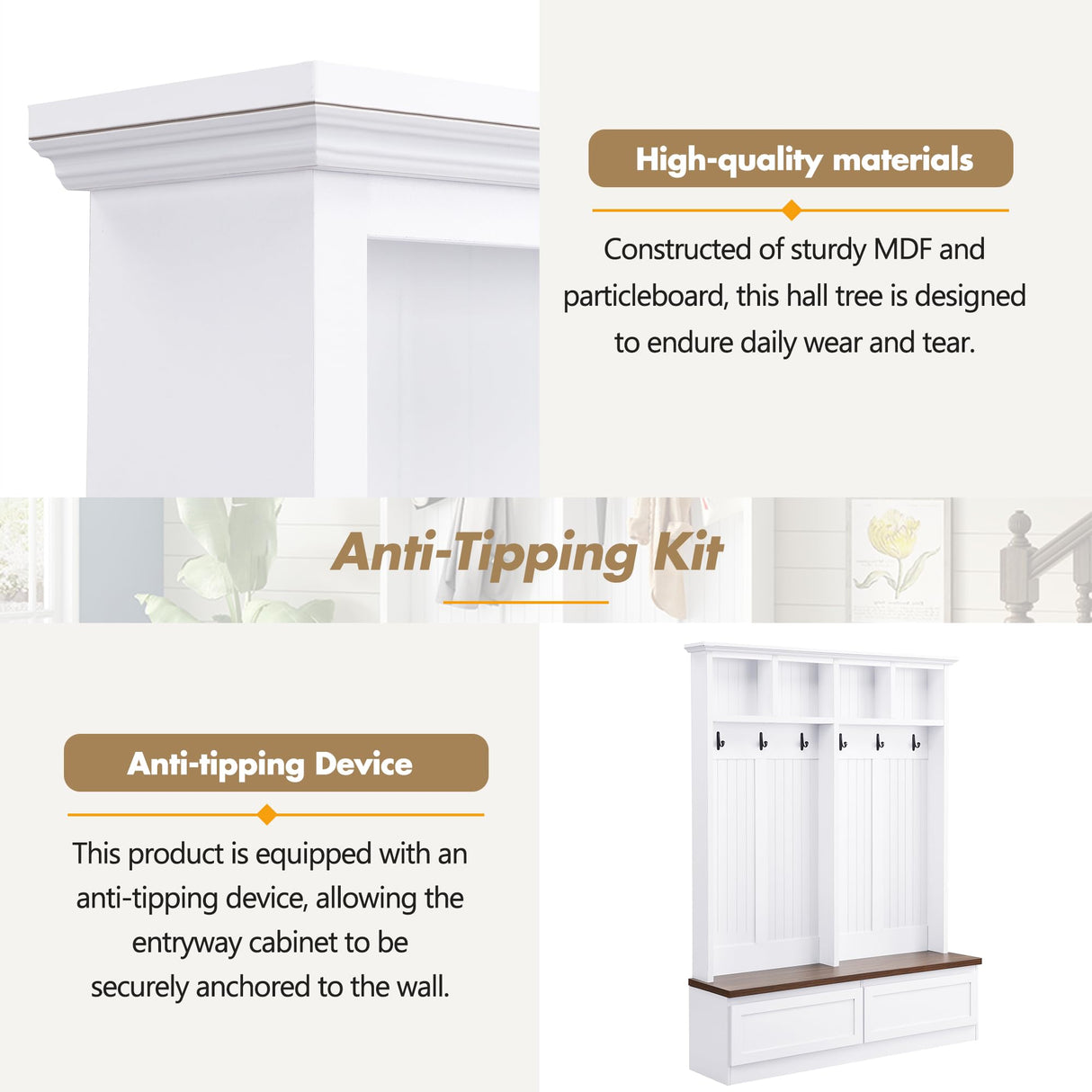 Merax Wood Hall Tree Entryway Bench with 6 Hooks, Farmhouse Mudroom Versatile Coat Racks with 2 Large Drawers Entrance Organizer for Hallway White Merax