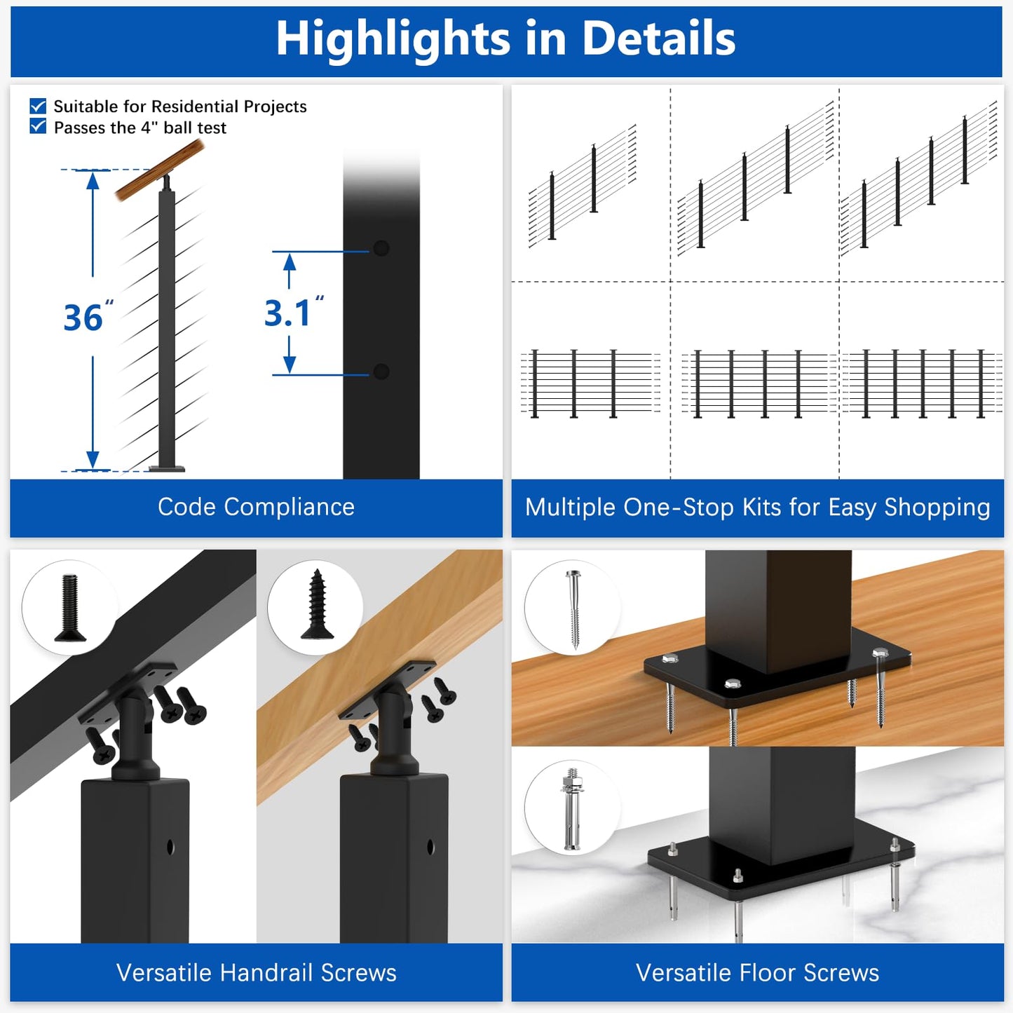 Zylorix 36" One-Stop Black Cable Railing Posts Kit(Super Easy DIY), Include 4Pack Stair Posts for 25-35°Stairway, 177ft Wire Rope, Complete Cable Railing System DIY Kit with Cutter(No Handrail)