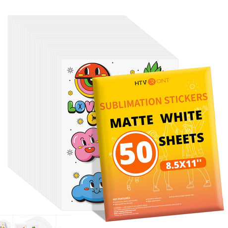 HTVRONT Sublimation Sticker Paper - 50 Pcs Matte Waterproof Sublimation Stickers 8.5 * 11in for Decoration (White) HTVRONT