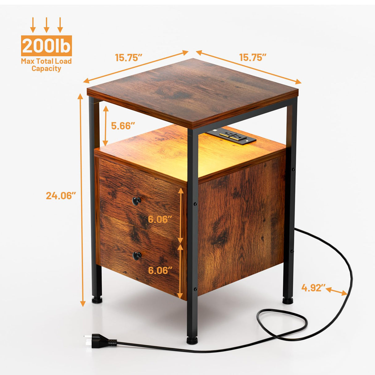 YILQQPER Nightstand with LED Light, Charging Station, 2 Deep Drawers & Shelves, Wood Night Stand Bed Side End Table for Bedroom & Living Room, Rustic Brown YILQQPER