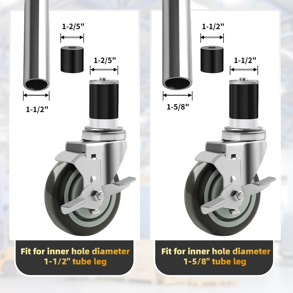 Besitu 4 inches Prep Table Wheels Set of 4, 1-1/2" Expanding Stem Caster with Side Brake for Stainless Steel Table, Cart, Furniture Legs, Commercial Kitchen Appliances, Workbench Besitu