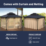 SUNBURY 10'x12' Outdoor Cedar Wood Gazebo, 2-Tier Metal Hardtop Wooden Frame Gazebo for Patio with Privacy Curtains and Mosquito Nettings for Gardens, Lawns, Backyard, Poolside (Grey Frame) SUNBURY