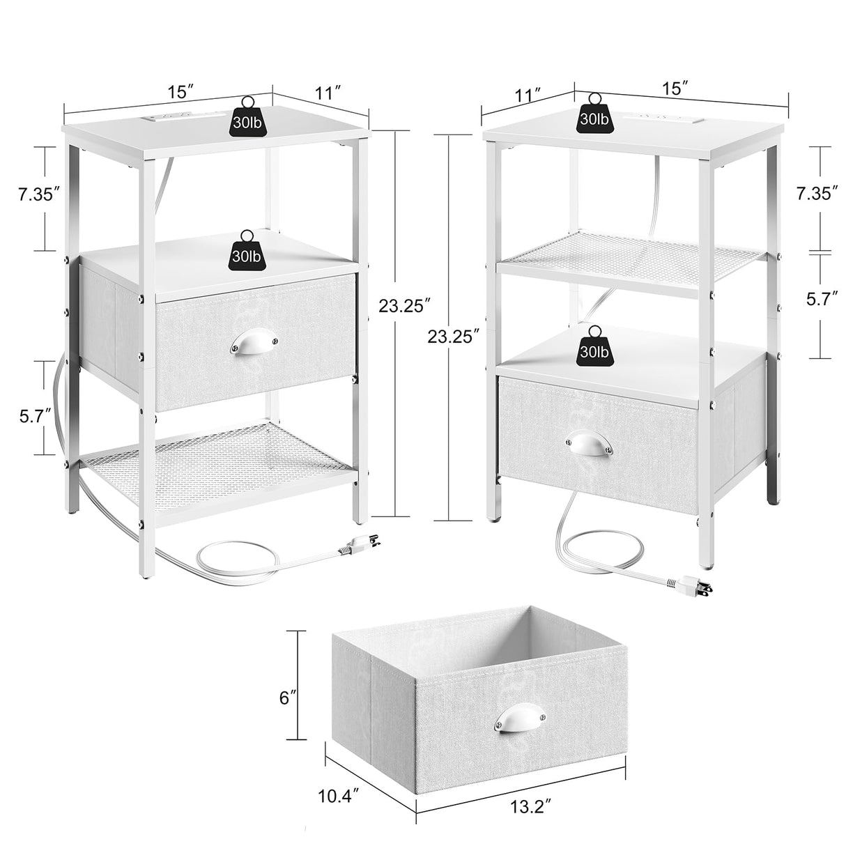 Sthmec Nightstands Set of 2, LED Bedside Tables with Charging Station and Fabric Drawer, Night Stand with Storage, 3 Tier Side Table with Open Shelf, LED Nightstand with Charging Station, White WoodArtSupply