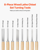 VEVOR Wood Lathe Turning Tool Set, 8PCS, Lathe Chisel Set with Carbon Steel Blade, 2 Skew, 1 Spear Point, 1 Parting, 1 Round Nose, 3 Gouge Tools, 1 Oxford Bag, for Beginners, Hobbyists, Professionals VEVOR