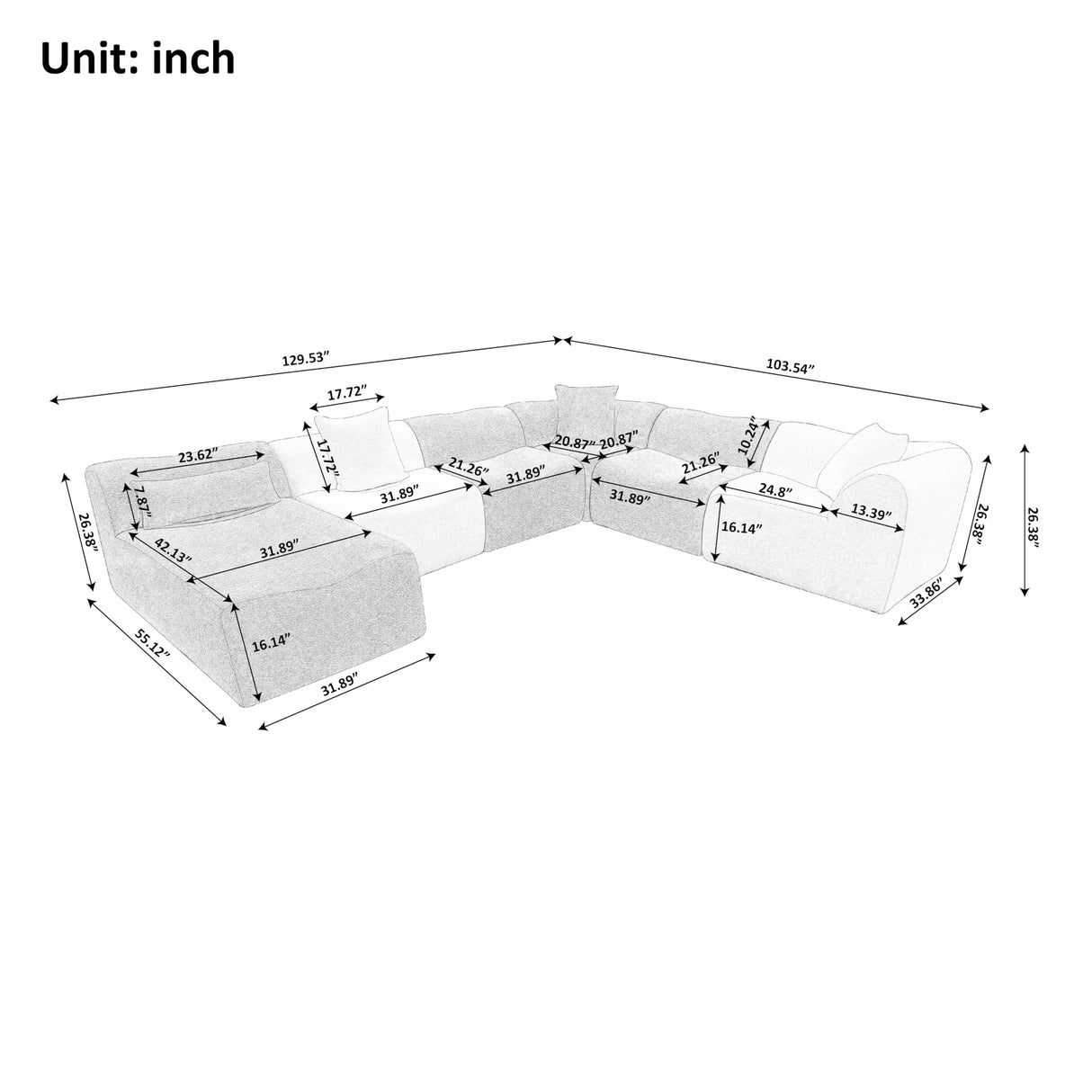 VASOENY 129.53" U Shape Modular Sectional Sofa, Raindrop Velvet Fabric Oversized Sectional Couch, 6 Seat U Shaped Couch with Soft Pillows for Living Room, Office, No Assembly Require VASOENY