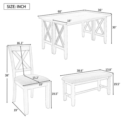 6 Piece Dining Room Table Set, Rustic Farmhouse Dining Room Foldable Table with 4 Upholstered Chairs and Bench, Solid Wood Kitchen Dining Table Set for 6 Persons (Espresso)