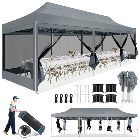 COBIZI 10x30 Canopy Tent, Heavy Duty Pop up Canopy with Sidewalls, Waterproof Easy Setup Canopy with Mosquito Netting, Outdoor Instant Screen Tents for Parties, Wedding with Roller Bag, Gray COBIZI