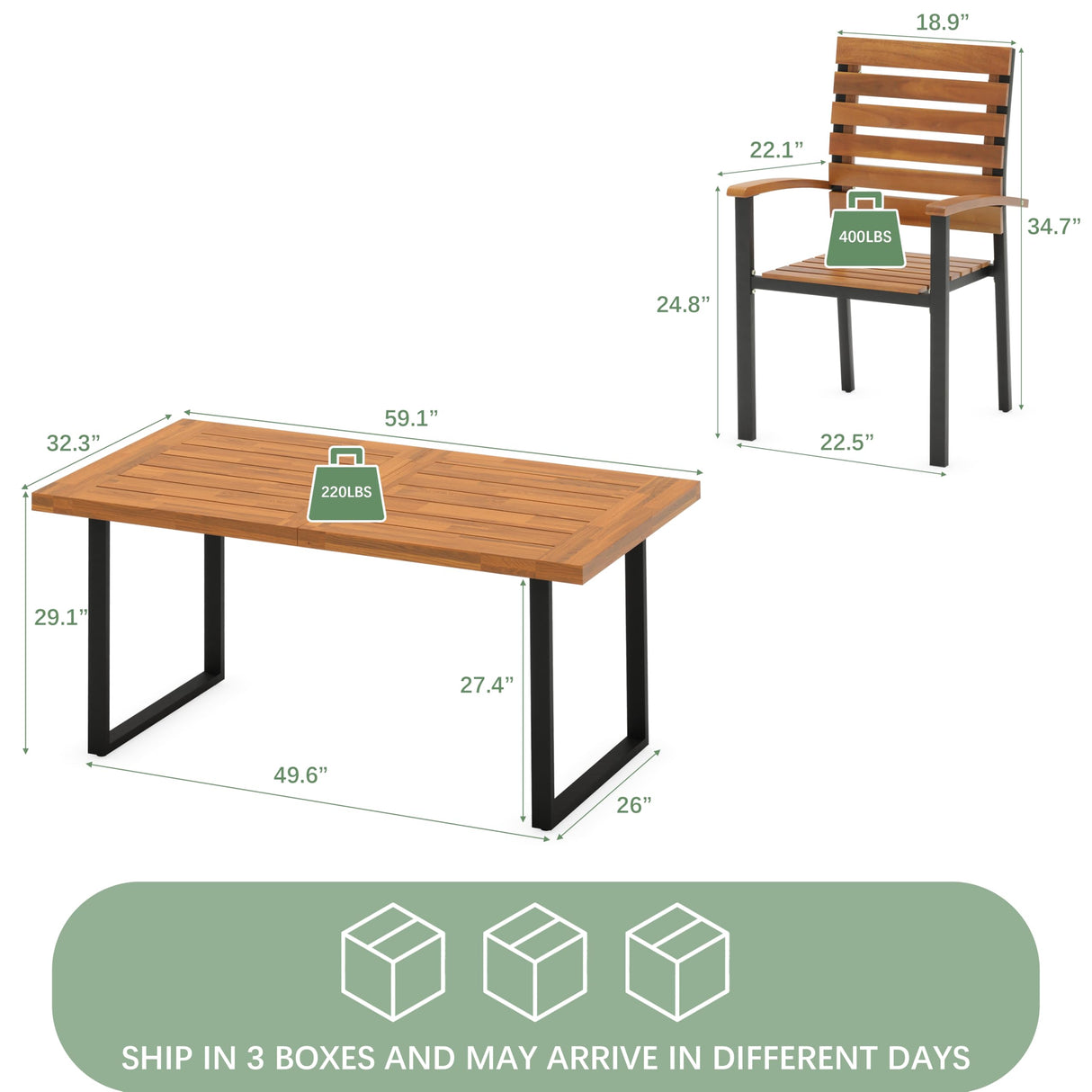 WiberWi 7 Piece Outdoor Dining Set for 6, Acacia Wood 59.1" Patio Table and Chairs Set with Metal Frame, Patio Dining Furniture Set for Garden, Balcony, Backyard, Poolside, Brown & Black WiberWi