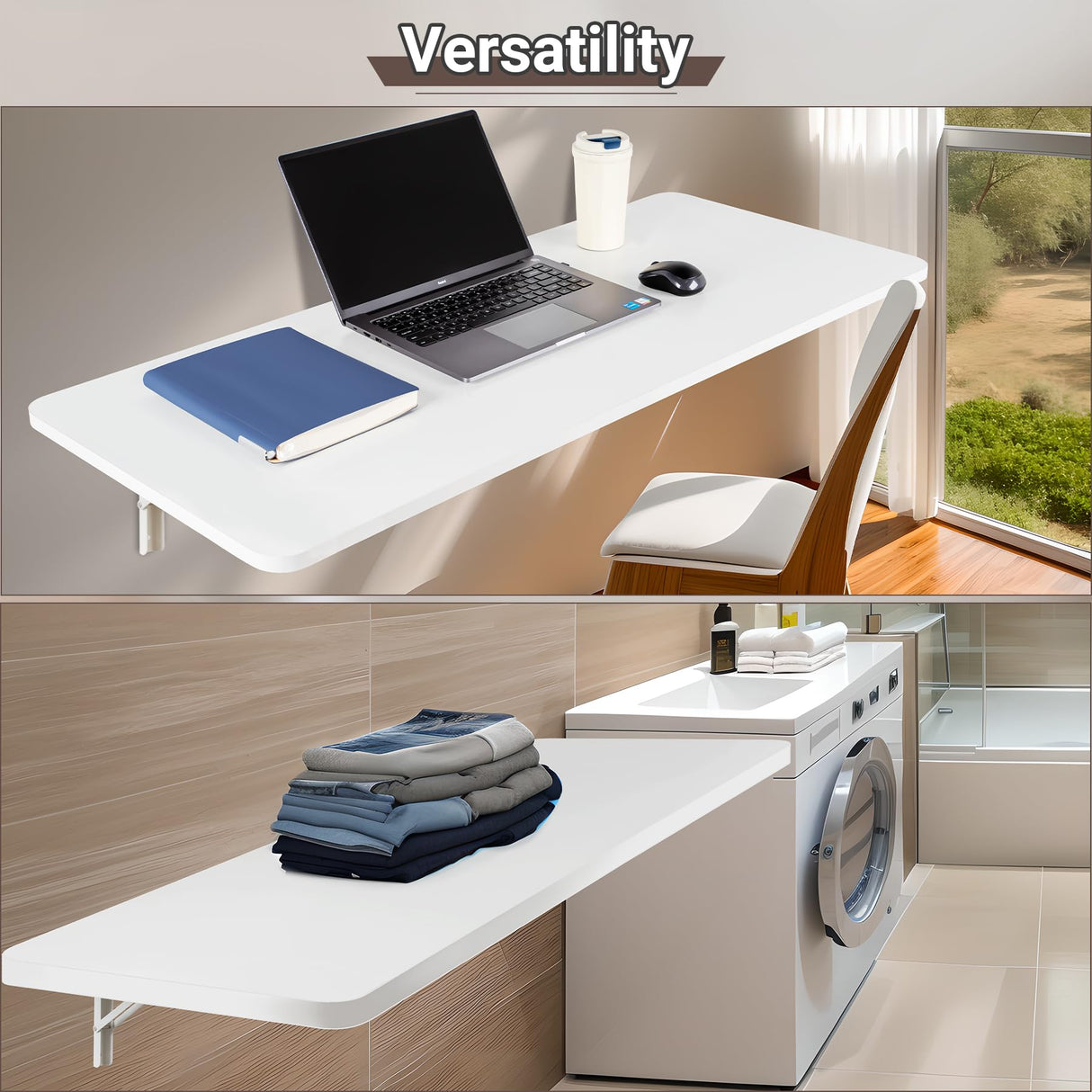 Neoaider Wall Mounted Folding Table 47.2”L x 19.7”W, Laundry Folding Table with Heavy Duty Metal Collapsible Shelf Brackets, 220 LBS Capacity, Wall Mounted Desk Fold Down for Small Spaces Neoaider