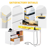 DWVO L Shaped Desk with Drawers, 55" Corner Computer Desk with Power Outlets & LED Lights, Home Office Desk with File Cabinet, White DWVO
