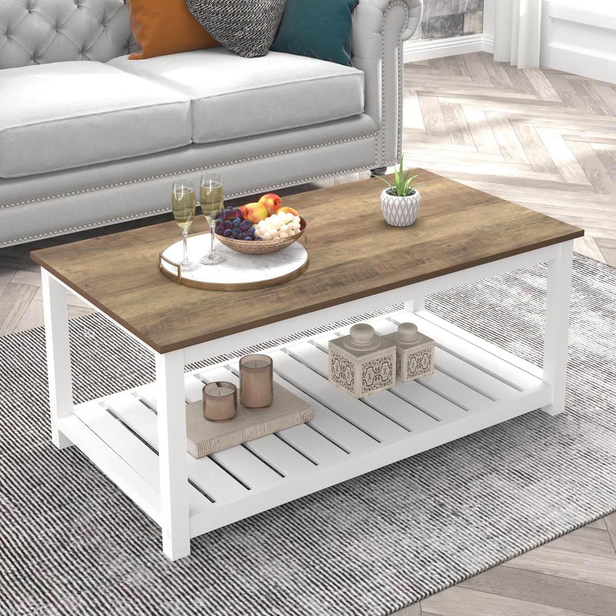 FOLUBAN Farmhouse Coffee Table with Storage Shelf, Rustic Vintage Wood Cocktail Table for Living Room, White FOLUBAN