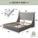 Feonase Queen Size Bed Frame with 4 Storage Drawers, Upholstered Storage Bed with Charging Station, Tufted Wingback Storage Headboard, No Box Spring Needed, Light Grey, FEO737 Feonase