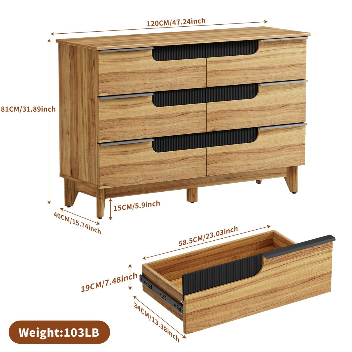 VOPEAK Wood Dresser for Bedroom, 6 Drawer Dresser with Solid Wood Legs, Brown Wooden Modern Minimalist Double Chest of Drawers for Cloth Stroage, 47.24" W x 15.75" D x 31.89" H VOPEAK
