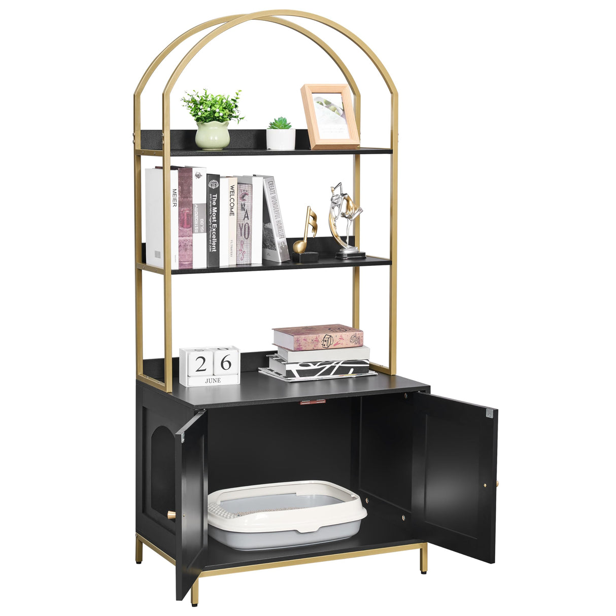 Homhedy Cat Litter Box Enclosure, Litter Box Furniture Hidden with 2-Tier Storage Shelves, Wooden Cat Washroom Furniture with Metal Frame, Cat House, Modern Style, Black and Gold Homhedy