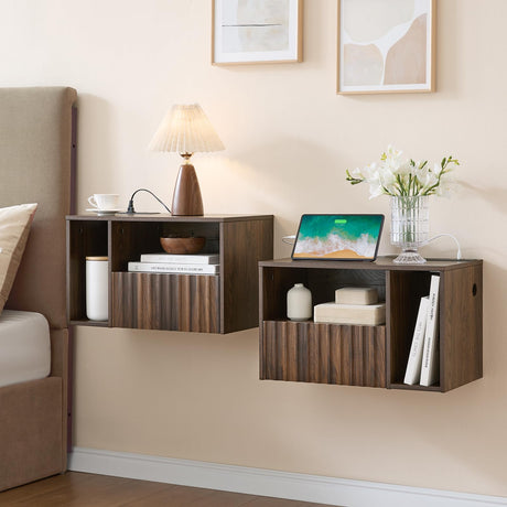 BuildHom Modern Walnut Fluted Floating Nightstand with Charging Station, NightStand with Drawers, Bedside with USB Ports and Outlets, Bedroom Furniture (Set of 2) BuildHom