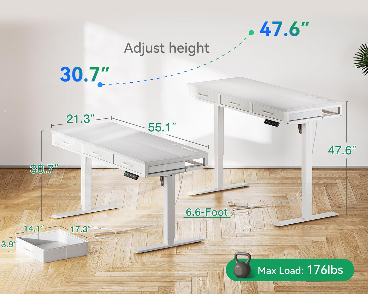AODK Electric Standing Desk with Drawers, 55 Inch Height Adjustable Desk with Power Outlets, Sit Stand Table, Writing Computer Desk for Home, Office, Workstation, White AODK