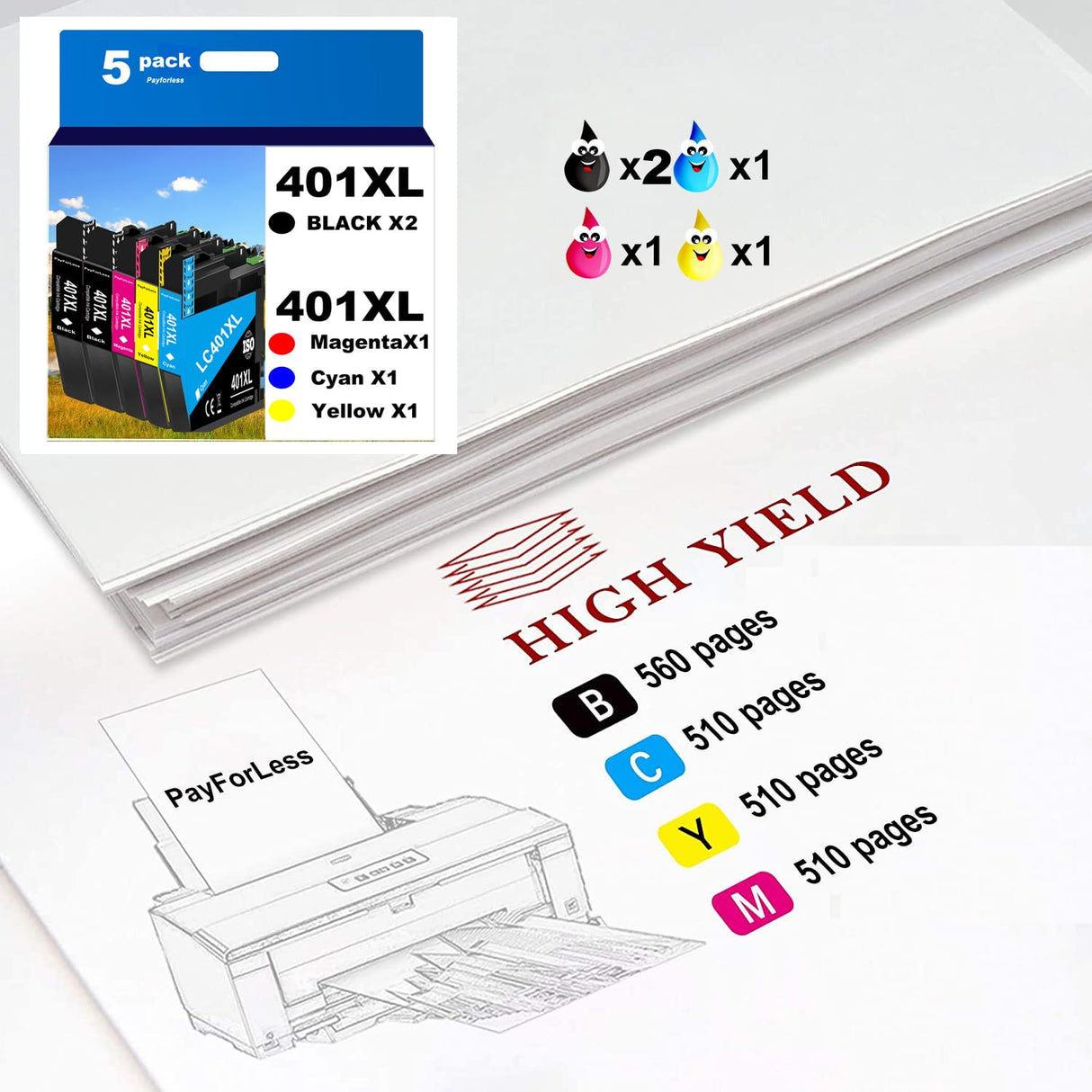 LC401XL Ink Cartridges for Brother Printer Compatible for Brother LC401 Ink Cartridges for Brother MFC-J1010DW MFC-J1012DW MFC-J1170DW Printer 5 Pack (2 Black, 1 Cyan, 1 Magenta, 1 Yellow) PayForLess