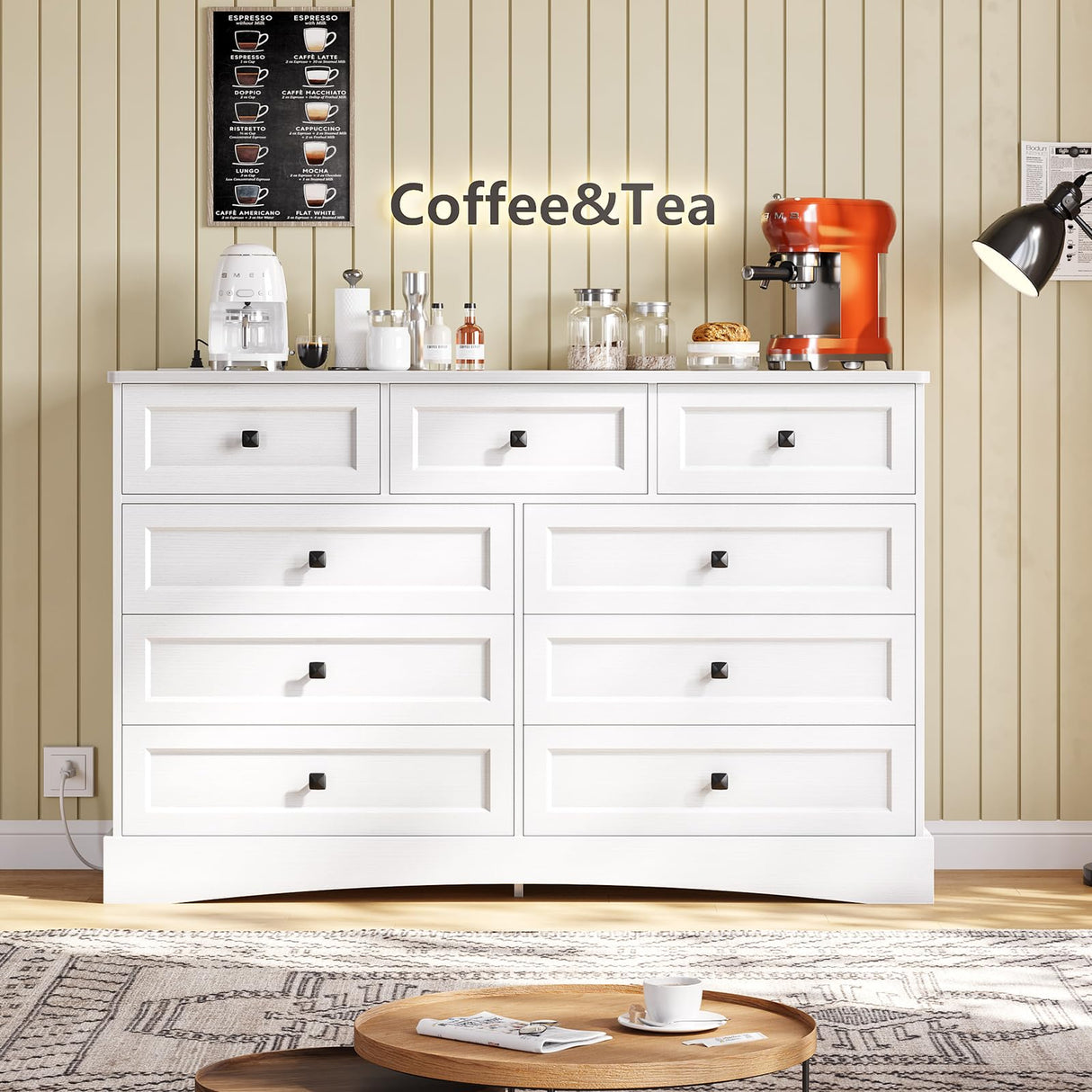 Hasuit White Bedroom Dresser with 9 Drawers, 51.2" Large Drawer Dresser with Charging Station, Wide Farmhouse Dresser Chest of Drawers, Wooden Storage Tower Organizer Dresser for Bedroom, Living Room Hasuit