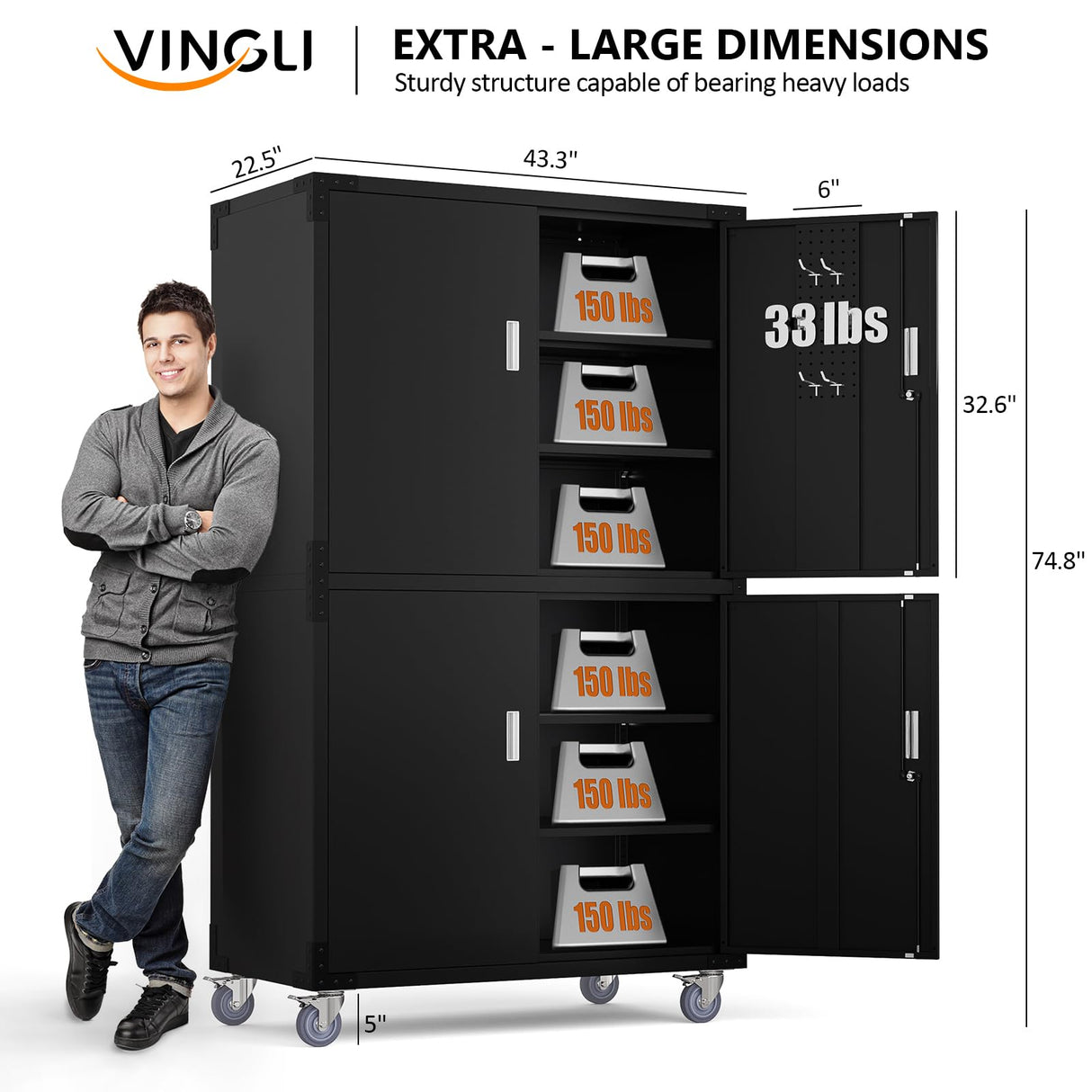 VINGLI Large Garage Storage Cabinet with 4 Doors, Upgraded Height & Wide & Deep, 43''W x 23''D x 75''H, Oversized Metal Storage Cabinet with Pegboards Wheels Locks and Adjustable Shelves (Black) VINGLI