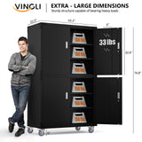 VINGLI Large Garage Storage Cabinet with 4 Doors, Upgraded Height & Wide & Deep, 43''W x 23''D x 75''H, Oversized Metal Storage Cabinet with Pegboards Wheels Locks and Adjustable Shelves (Black) VINGLI