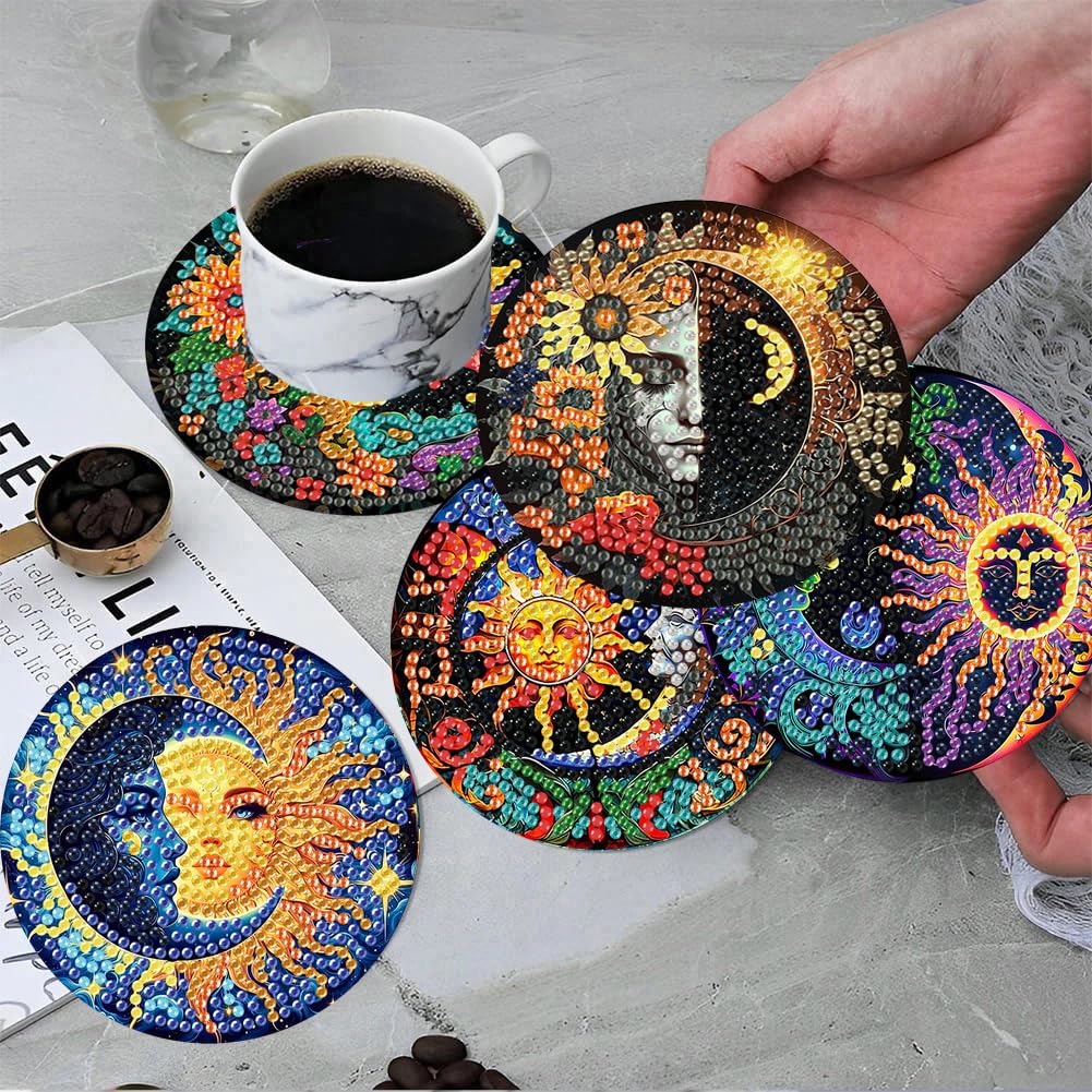 ijbnhd 8 Pcs Sun & Moon Diamond Art Coasters with Holder-DIY Sun & Moon Diamond Painting Coasters 5D Art Coaster with Cork Pads for Adults for Holiday Gift ijbnhd
