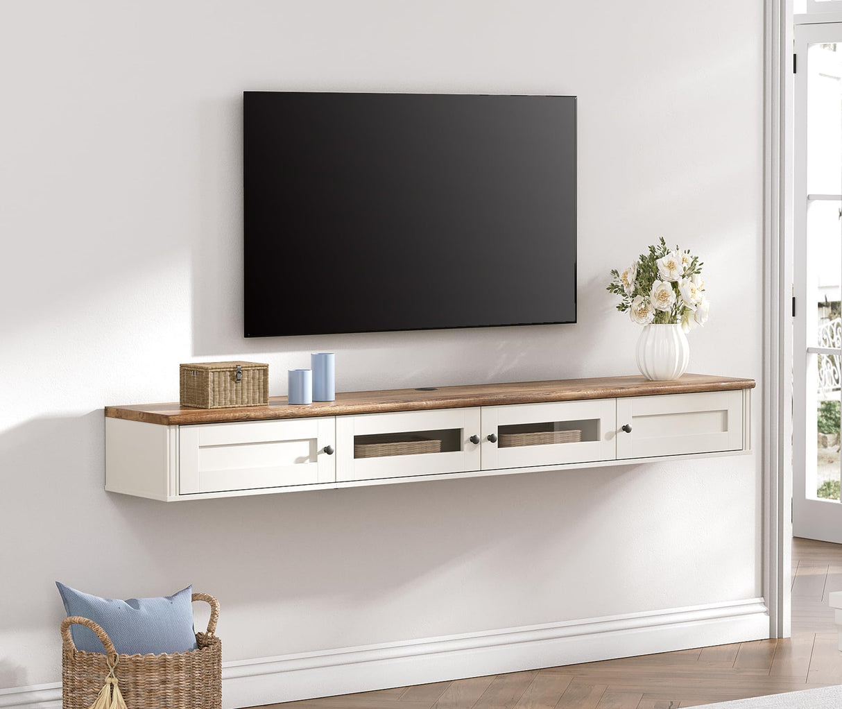 FITUEYES Floating TV Stand for 80 Inch TV, Modern Shelf Entertainment Center with Charging Station for Living Room, White Wooden Material FITUEYES