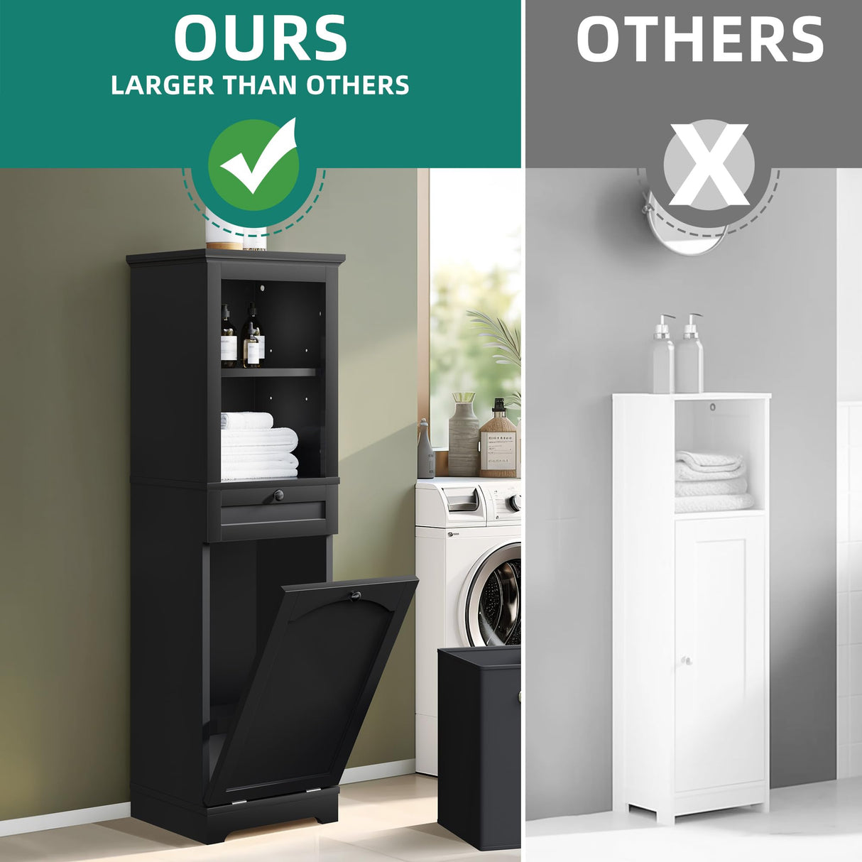 YITAHOME Tilt Out Laundry Hamper Cabinet, 53" Tall Hidden Laundry Hamper with Drawer, Bathroom Storage Cabinet Shelf with a Clothes Basket, Black YITAHOME