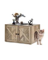 Upolana Cat Litter Box Enclosure, 32 inch Hidden Litter Box Furniture with Divider, Wooden Kitty Litter Box Cabinet End Side Table, Greige Upolana