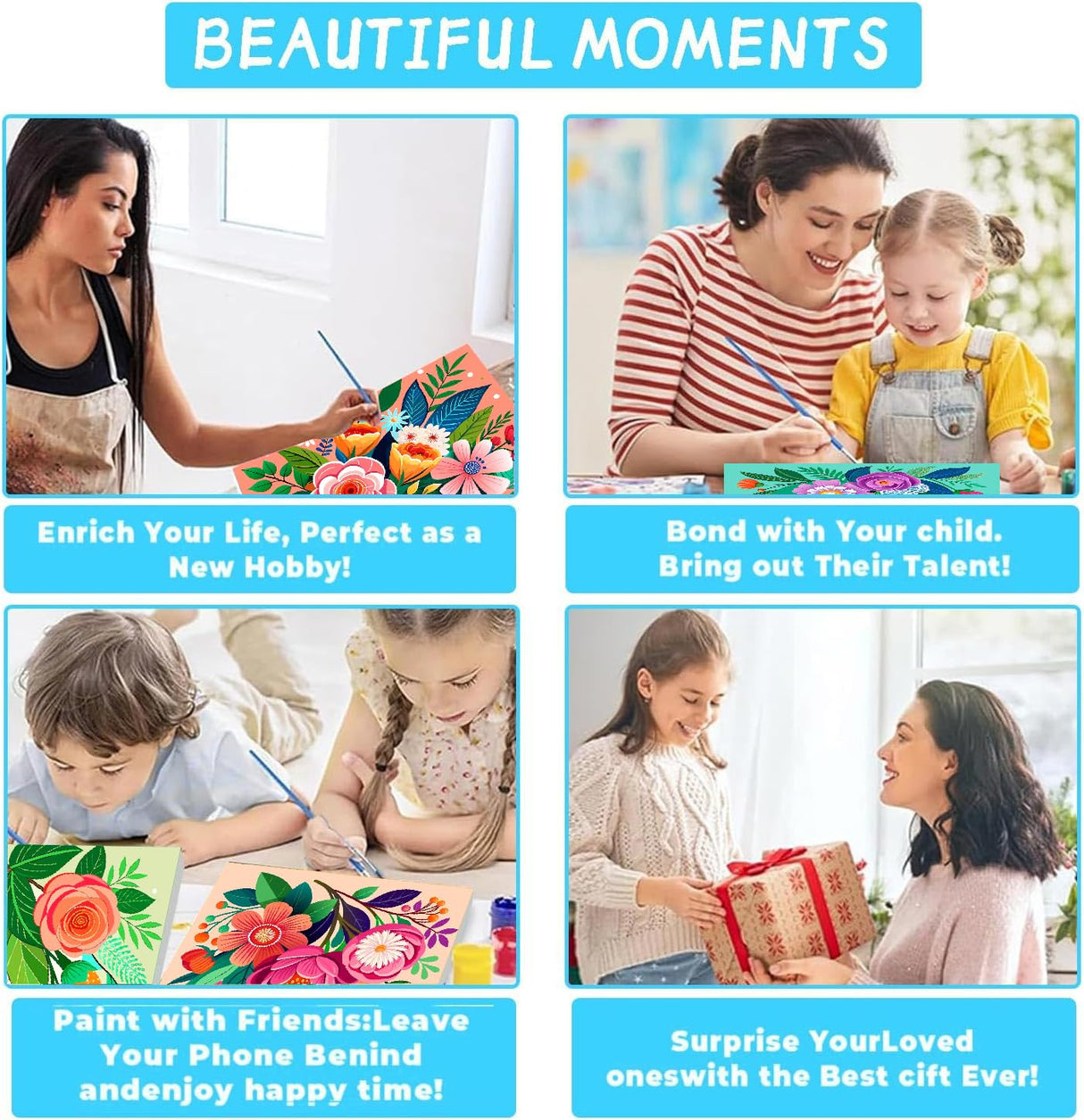 4 Pack Flowers Paint by Numbers Kit for Adults Beginners Framed - DIY Flowers Adults Paint by Numbers Kits on Canvas with Frame, Small Easy Acrylic Oil Painting Perfect for Home Decor 8 X 8 Inch Amzdiyfun