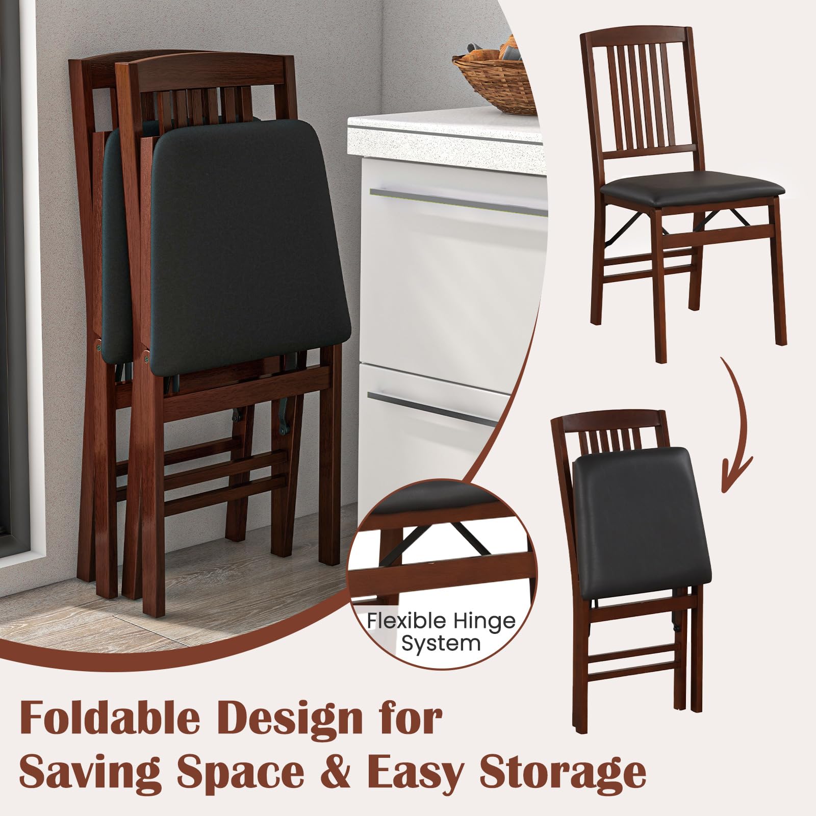 Giantex Folding Dining Chairs Set of 4, Solid Wood Frame, Foldable Wood Kitchen Chairs with Padded Seat, Max Load 400 Lbs, No Assembly, Armless Side Chairs for Apartment Dining Room, Brown &  - WoodArtSupply