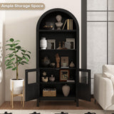 BOMETAO 70" Tall Arched Cabinet, 5-Tier Arch Bookshelf Bookcase with Open & Adjustable Shelves, Glass Door & Metal Handle, Pantry Display Storage Cabinets Cupboard for Kitchen, Living Room, Black BOMETAO