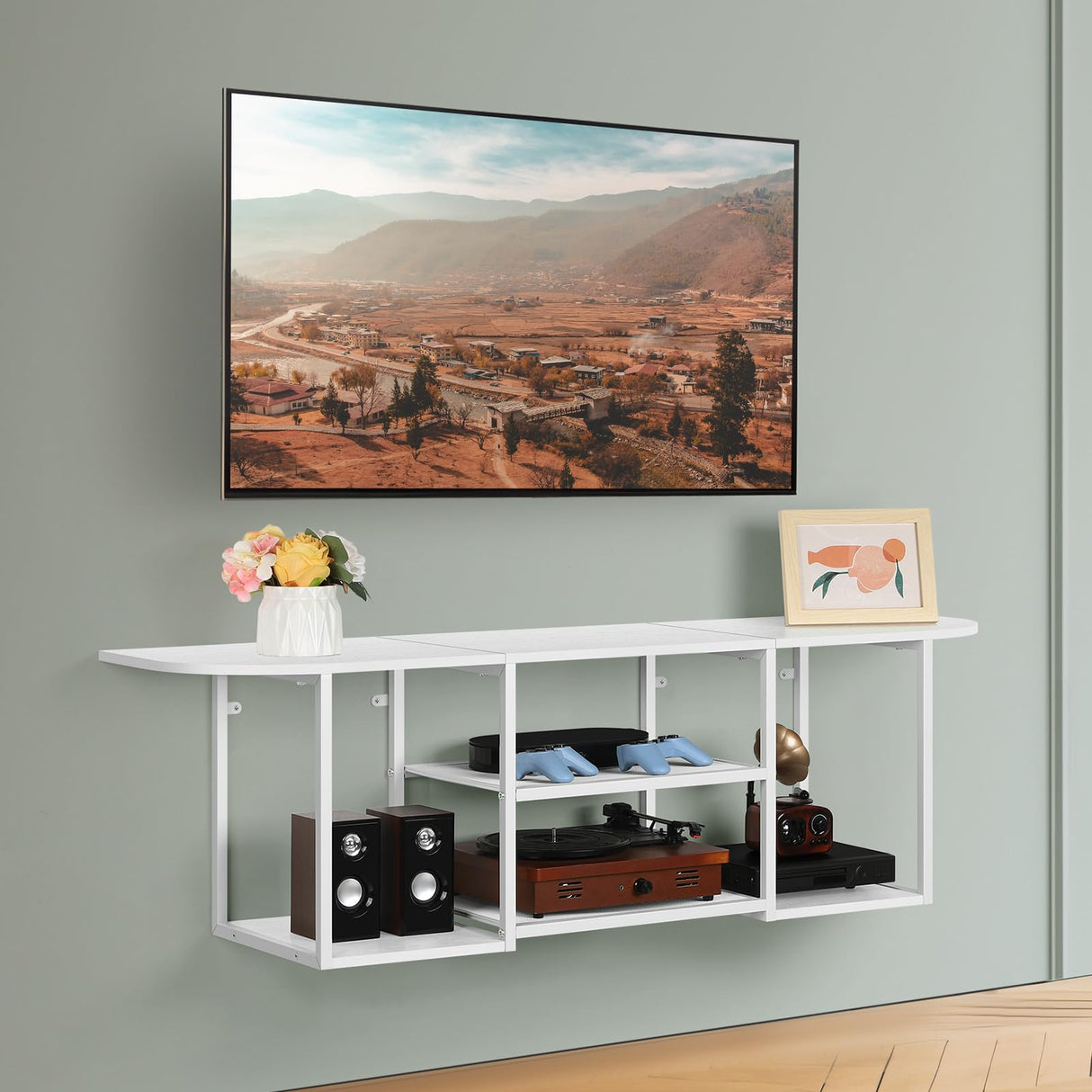 ETELI Floating TV Shelf Stand Under TV Wall-Mounted Entertainment Center Industrial TV Media Console Table with Storage for Bedroom 50" TV Living Room Office, White ETELI