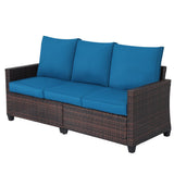 Hoffeorrad Rattan Outdoor Sofa 3-Seater - PE Woven Patio Couch with Waterproof Blue Cushions, Heavy-Duty Steel Frame for Garden, Poolside Outdoor Wicker Furniture Hoffeorrad