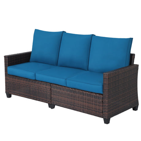 Hoffeorrad Rattan Outdoor Sofa 3-Seater - PE Woven Patio Couch with Waterproof Blue Cushions, Heavy-Duty Steel Frame for Garden, Poolside Outdoor Wicker Furniture Hoffeorrad