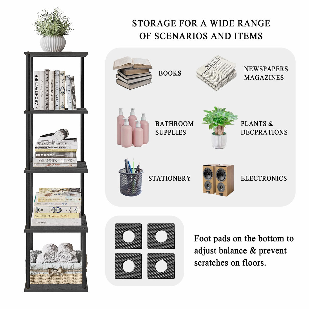 POBOMULI 46" Narrow Bookshelf, 5-Tier Tall Bookcase Small Space, Corner Book Shelf Slim Storage Display Rack Living Room Bedroom Study Office, Black POBOMULI