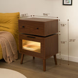 Cubehom LED End Table with Glass Top LED Side Table with Wooden Legs Modern Bedside Table with Drawers for Bedroom Living Room Cubehom