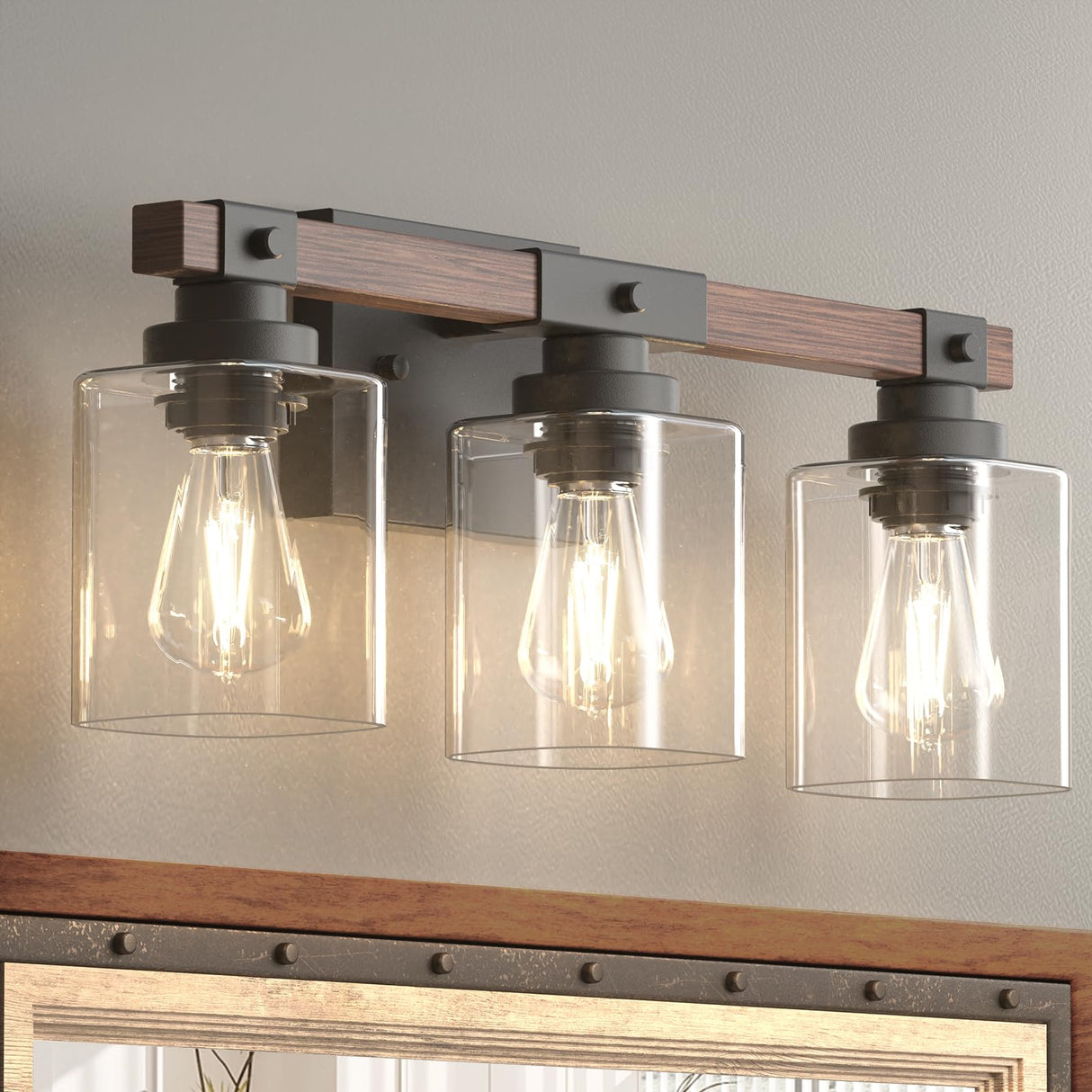 Amico 3-Light Bathroom Vanity Light Fixtures, Rustic Industrial Painted Wood Vanity Lights for Bathroom, Vintage Black Wall Sconces Bathroom Vanity Lighting with Clear Glass Shade Amico