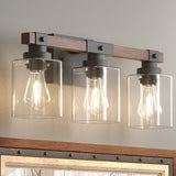 Amico 3-Light Bathroom Vanity Light Fixtures, Rustic Industrial Painted Wood Vanity Lights for Bathroom, Vintage Black Wall Sconces Bathroom Vanity Lighting with Clear Glass Shade Amico