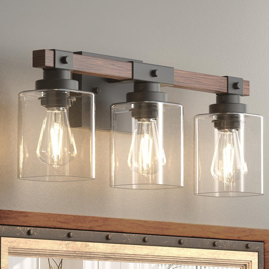 Amico 3-Light Bathroom Vanity Light Fixtures, Rustic Industrial Painted Wood Vanity Lights for Bathroom, Vintage Black Wall Sconces Bathroom Vanity Lighting with Clear Glass Shade - WoodArtSupply