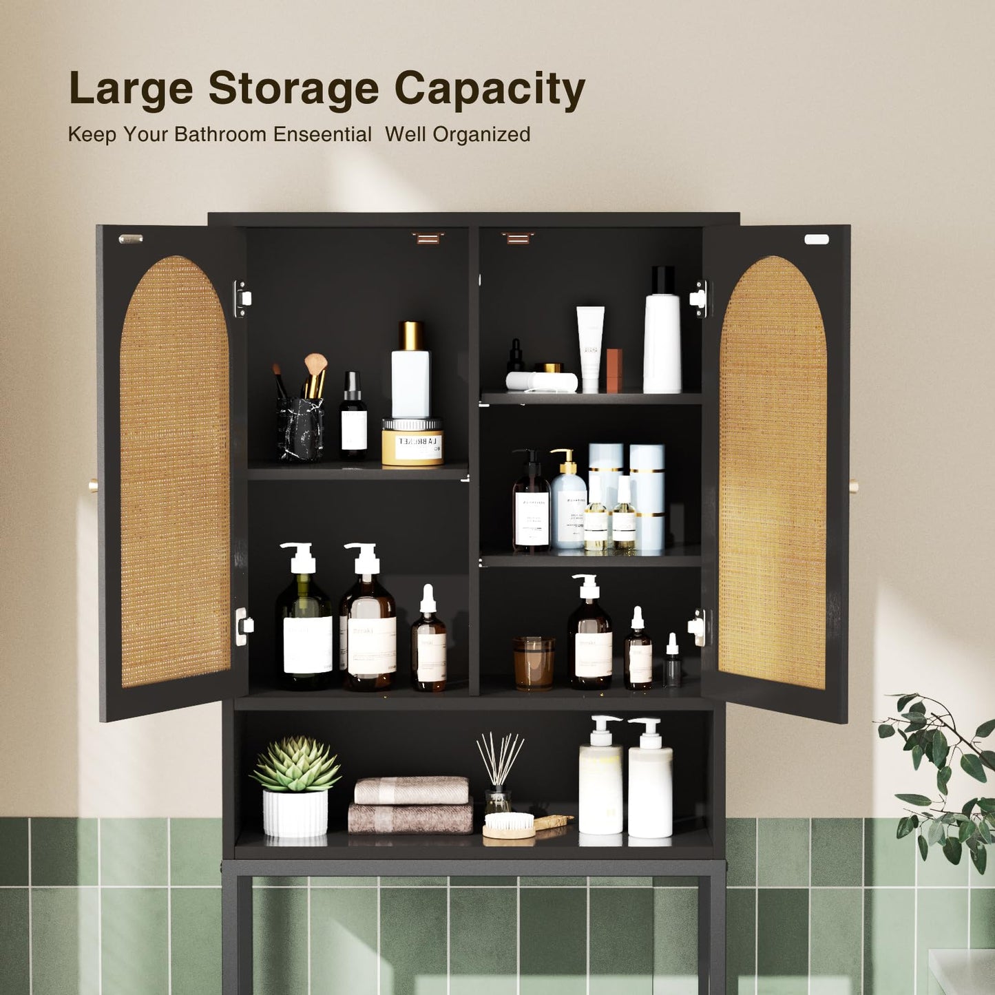 Rattan Door Black Toilet Storage Cabinet with Adjustable Shelf and Metal Stand - WoodArtSupply