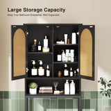Rattan Door Black Toilet Storage Cabinet with Adjustable Shelf and Metal Stand Befrases