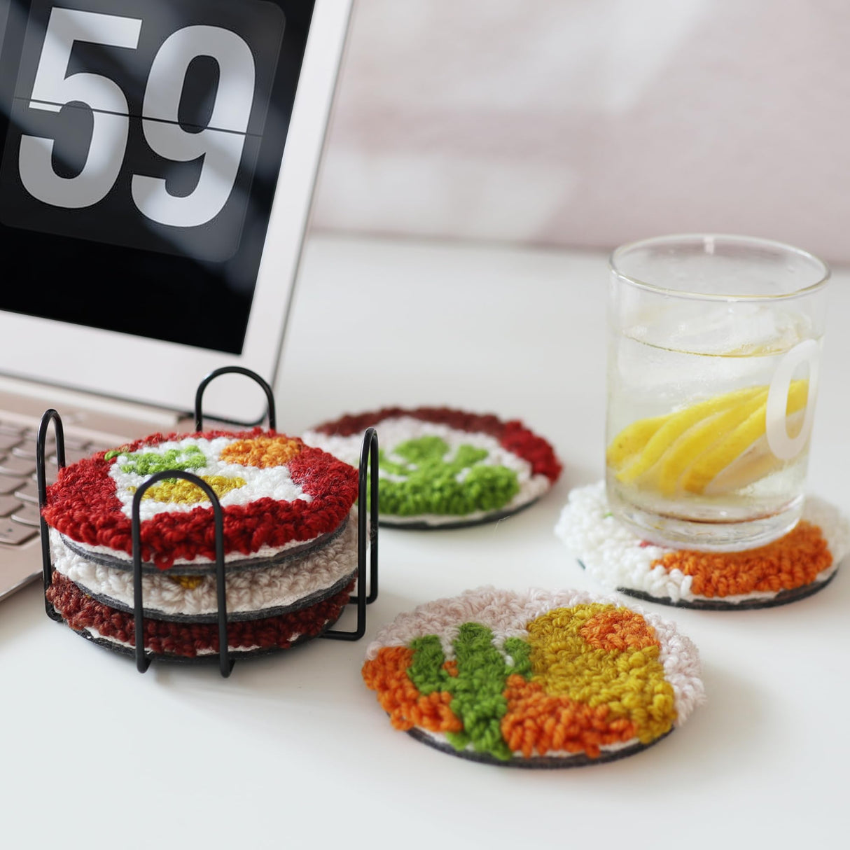 Temlum Punch Needle Coasters Kit, Punch Needle Embroidery Kit for Beginners and Adults Including Patterns, Tools, Yarns, Hoop, Instruction, Coaster Holder Coaster Art Craft Supplies (Plants) Temlum