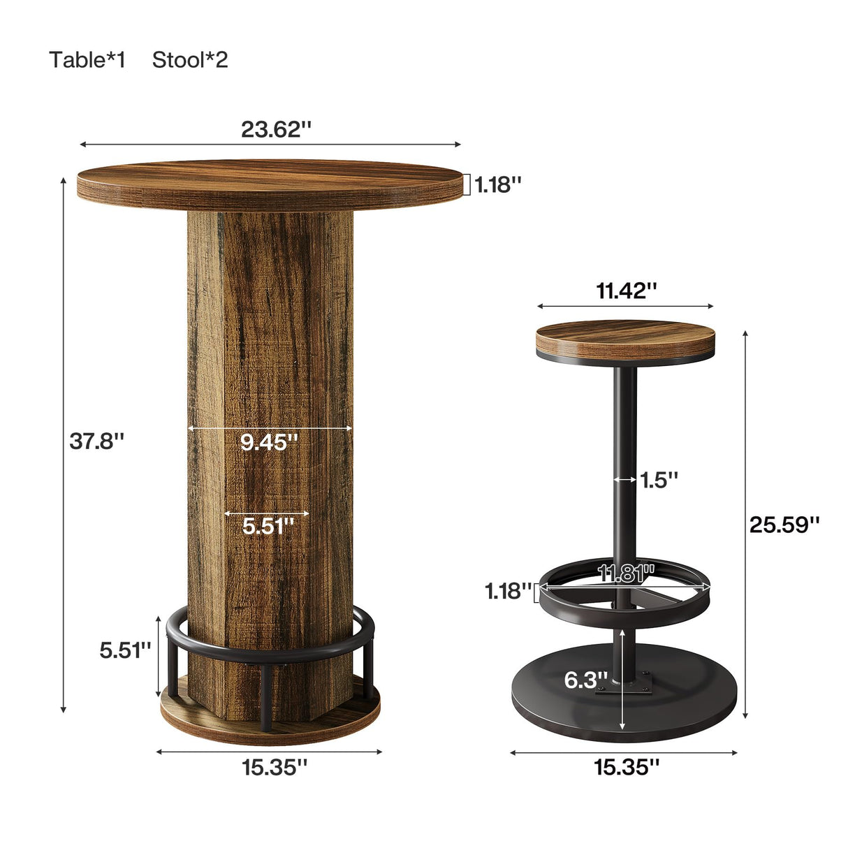 Tribesigns Round Bar Table with Chairs, Industrial Bistro Sets with 2 barstools, Pub Cocktail Table with Metal Ring Footrest for Kitchen Nook, Apartment, Small Space Tribesigns