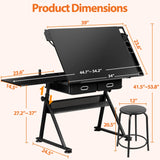 SUPER DEAL Adjustable Drafting Table Set with Charging Station, Tilting Drawing Desk Artist Desk with Stool Multifunctional Art Craft Workstation with 2 Storage Drawers for Home Office School SUPER DEAL