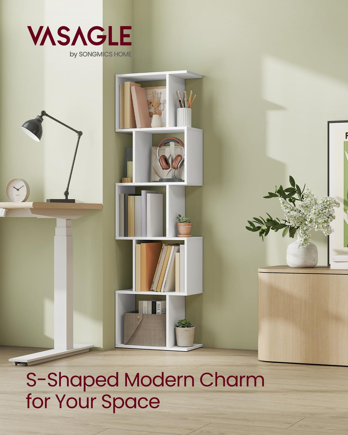 VASAGLE Bookshelf, 5-Tier Bookcase, 9.4 x 15.7 x 62.6 Inches, Storage Shelf with Open Compartments, Modern Style, for Living Room, Bedroom, Office, Matte White ULBC462W01 VASAGLE